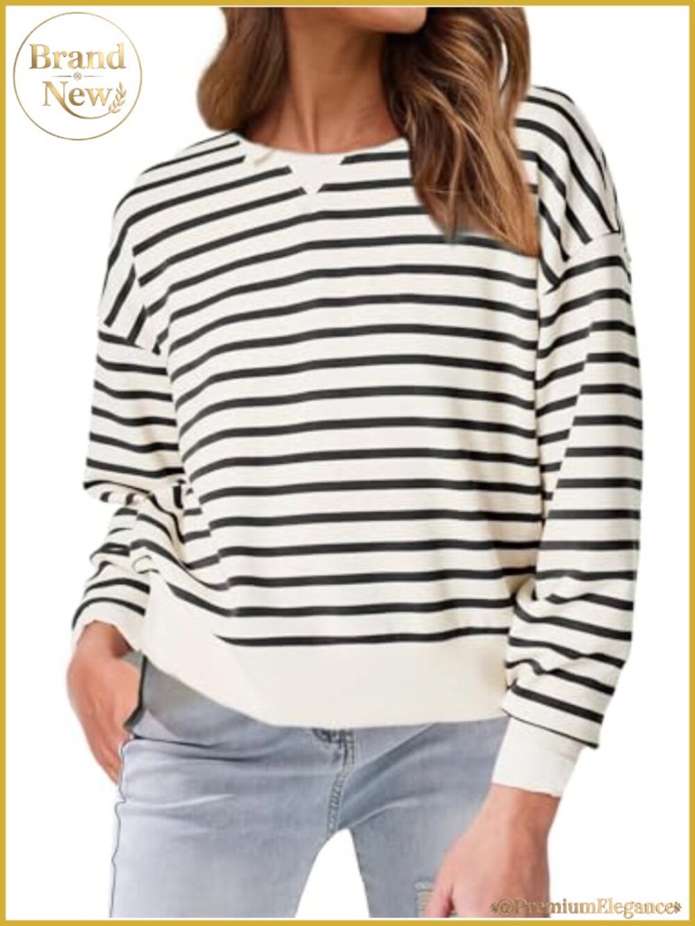 Women's Striped Crew Neck Cropped Pullover Sweatshirt Loose Fit Athleisure Long